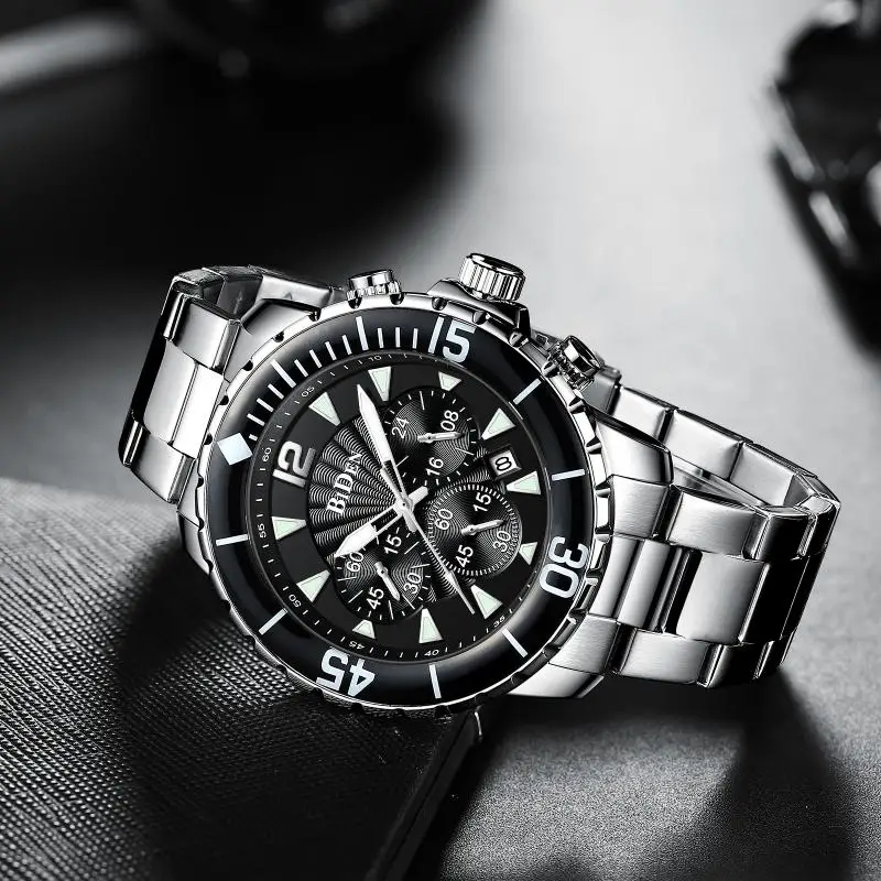 BIDEN Men's Watches Luxury Top Brand Rotate Mix Color Dial Chronograph Man Quartz Wristwatch Stainless Steel Sport Casual Gift