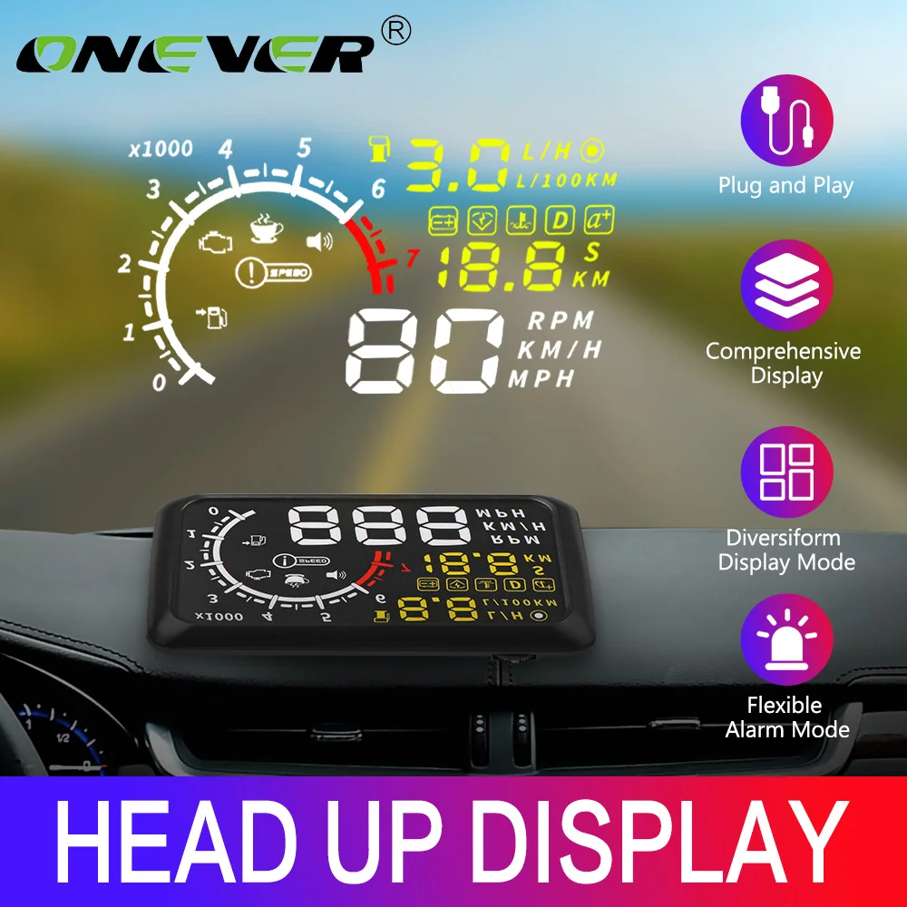 

Onever Auto HUD 5.5'' Head Up Display Car Speed Projector OBD2 II EUOBD Overspeed Warning Windshield Projector Alarm System