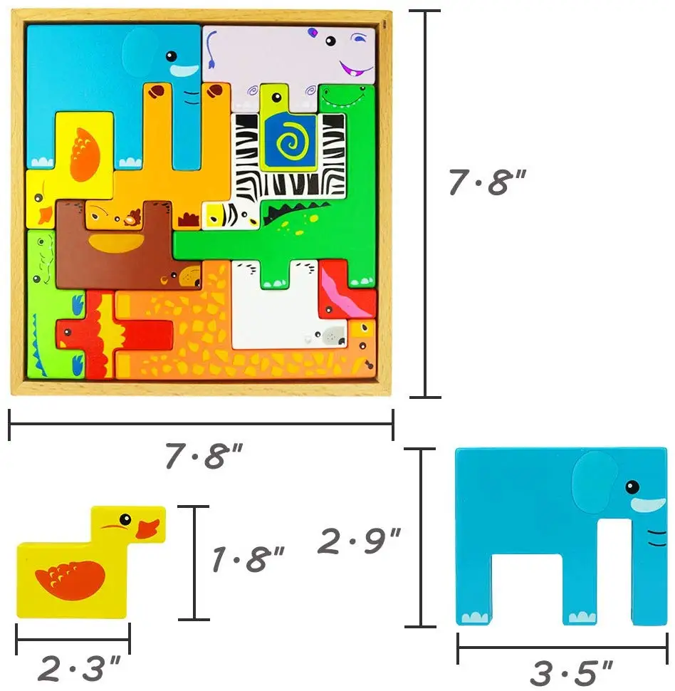 Wooden Tetris Puzzle Toys 3D Animal Set Kids  Educational Stack Shapes Brain Teasers Preschool Chunky Montessori Toy Game