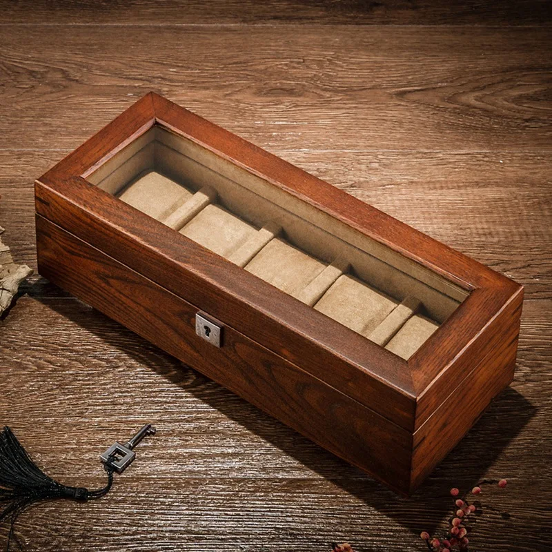 

Tang 5 Slots Wood Watch Storage Boxes Case Mechanical Men'S Watch Storage Case Lock Wooden Display Jewelry Gift Box