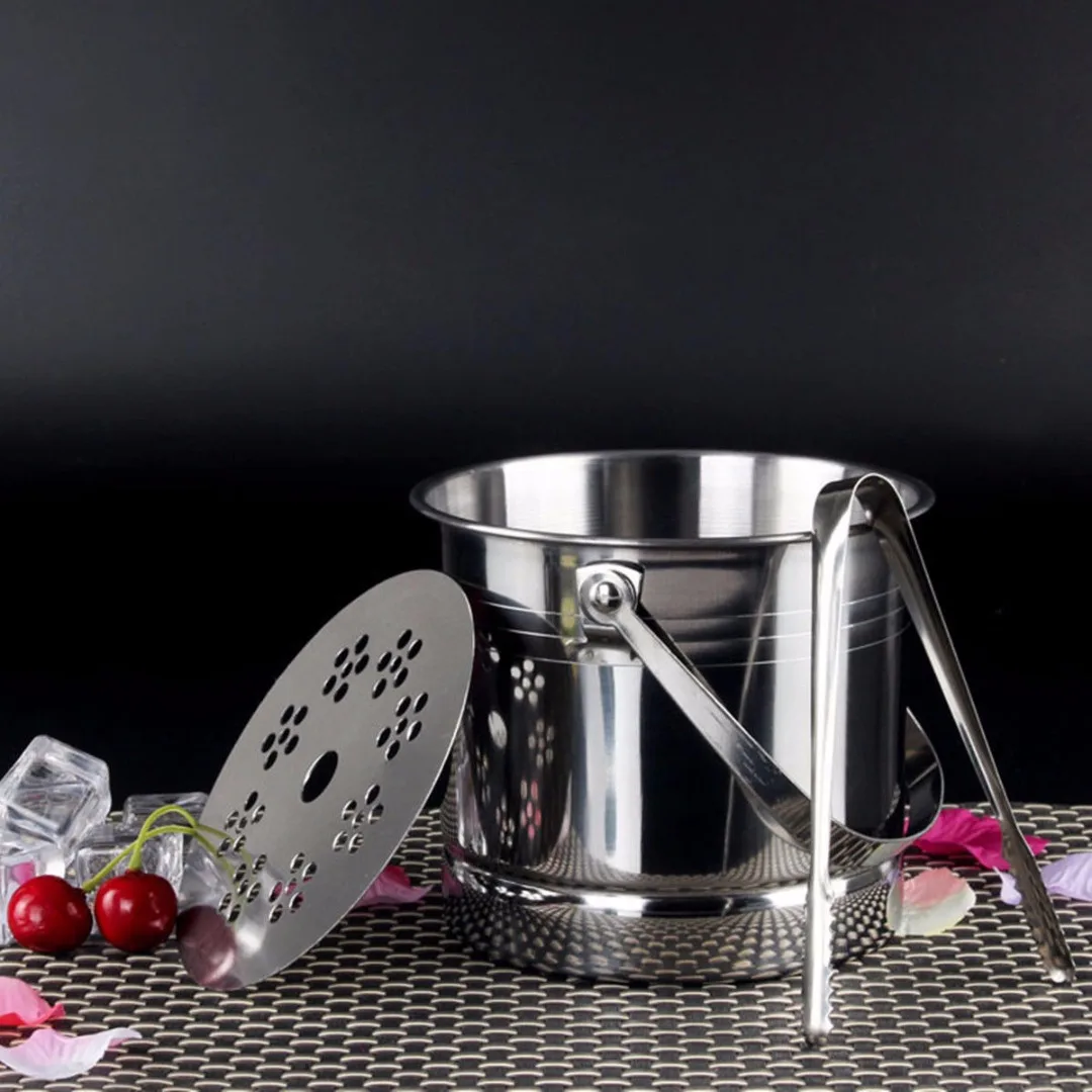 1L Stainless Steel Portable Beer Ice Bucket Cooler Barrel With Lid & Tweezer New