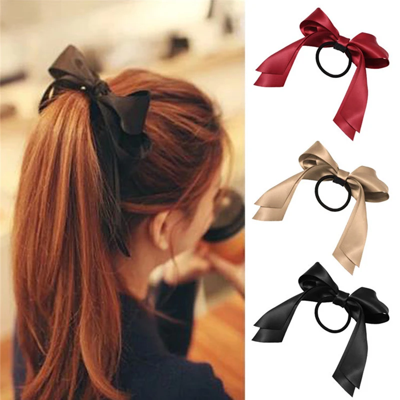 hair clips for long hair Women Bow Hair Accessories Cute Elastic Rubber Bands Satin Ribbon Hair Bow Scrunchies Ponytail Holder For Women Girls Hair hair clips for thick hair