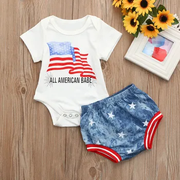 

2Pcs 4th Of July Infant Baby Girl Clothes Boys Star Letter Short sleeve Romper+Shorts Outfits Set summer clothes 6M-24M