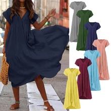 Платье С Рюшами размера плюс, Женский ассиметричный сарафан, ZANZEA, модное летнее макси платье, женское платье с коротким рукавом, Femme 5XL