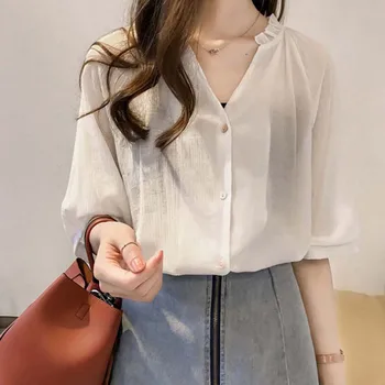 

Women Blouse Autumn V Neck Half Sleeve Shirt Tops Sexy Loose Casual Blouses