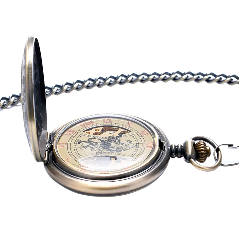Bronze Roman Numerals Case Steampunk Pocket Watch Skeleton Mechanical Handwinding Watches with Fob Pendant Chain Gift To Men