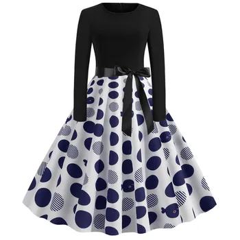 

Blue Polka Dot Midi Dress Women Casual Slim Floral Print Autumn Winter Dress Robe 50S 60S Vintage Rockabilly Pin Up Vestidos