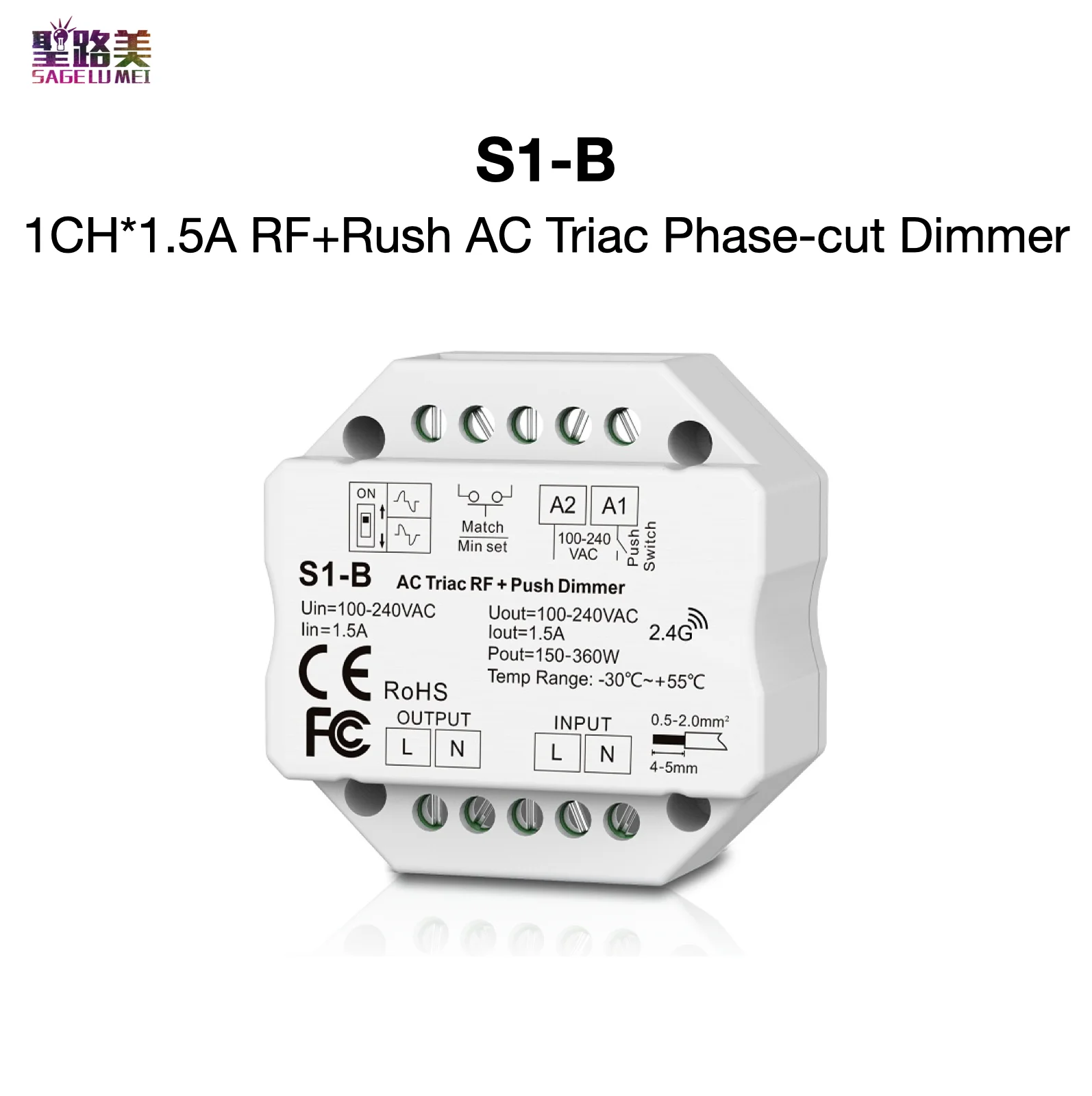 S1-B 1CH*1.5A RF+Rush AC Triac Phase-cut Dimmer Leading Edge or Trailing Min Brightness Settable Wall Junction Box Mounting | Освещение