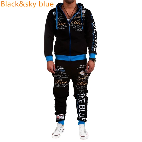 Black sky blue ZOGAA, повседневный мужской костюм, осенняя спортивная одежда, комплекты, спортивный костюм на молнии, толстовки с принтом, топы+ спортивные штаны, 2 предмета в комплекте, мужская одежда - Цвет: Black sky blue