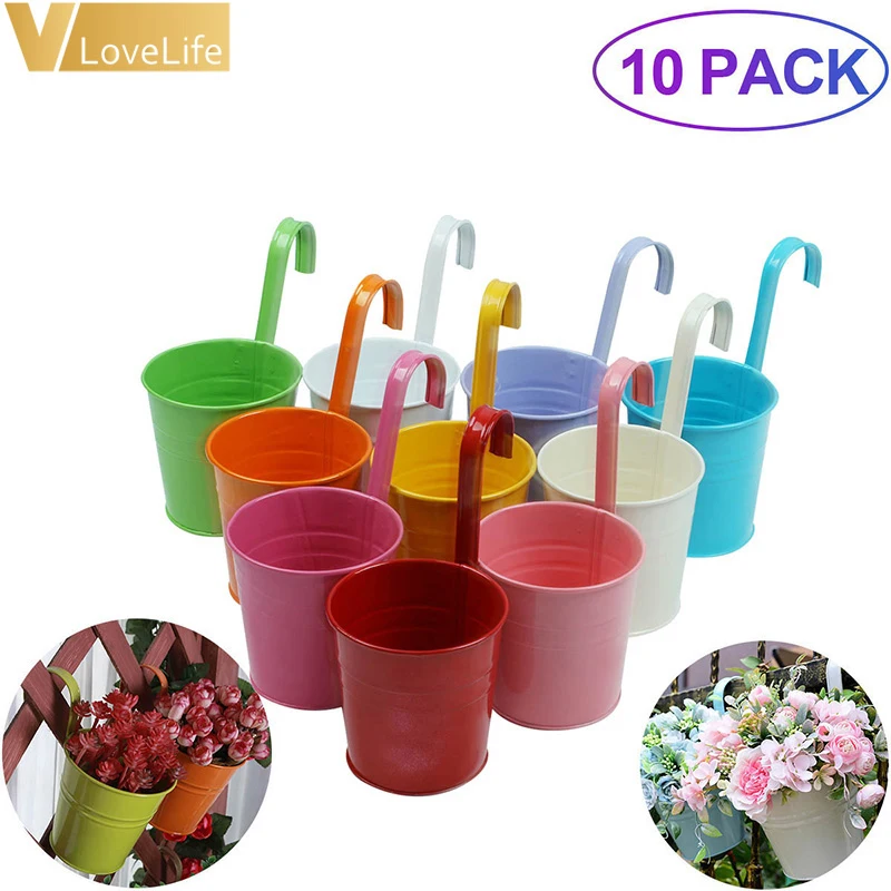 Basket Planter-Pots Tin-Bucket-Holder Hanging Metal-Fence Iron-Garden 10pcs