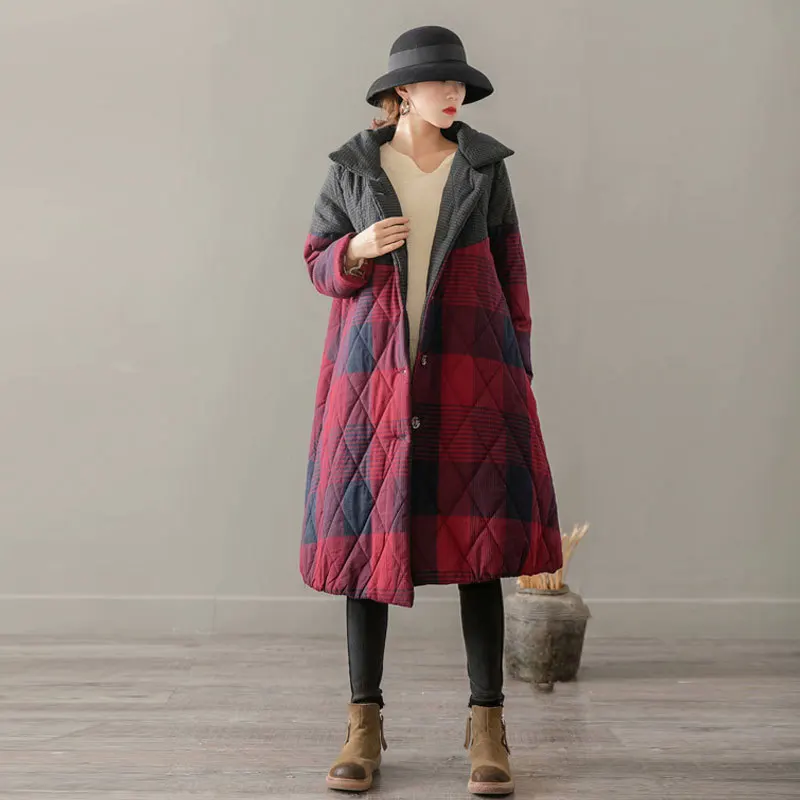 

2019 Winter Style Joint Contrast Color High Collar Single Breasted Thick Space Cotton Literature And Art WOMEN'S Cotton Padded C