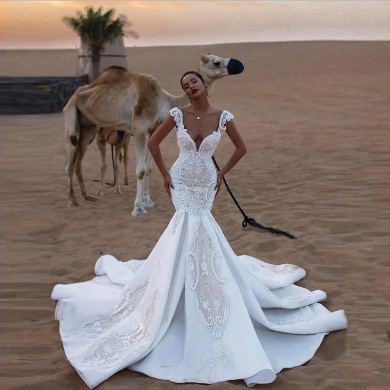 Романтические кружевные свадебные платья с аппликацией в виде русалки с v-образным вырезом и коротким рукавом, Модные свадебные платья Vestido De Noiva - Цвет: Белый