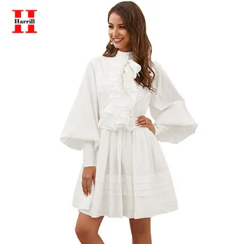 

Harrill White Dress Women Party Beach Elegant Women Dress Lantern Sleeve Ruffles Pleated A-line Dresses Ladies Vestidos