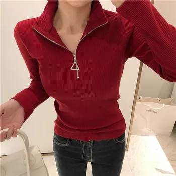 

Women Winter Sweater Chic Casual Knitted Female Turtleneck Sweater Chic Women Pullovers Ladies Zipper Warm Solid Soft Sweater