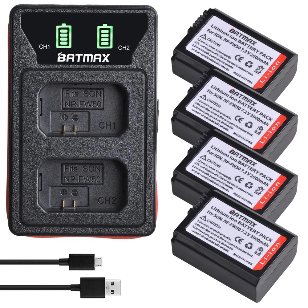 4X 2000mAh NP FW50 NP FW50 Battery + LED USB Dual Charger for Sony