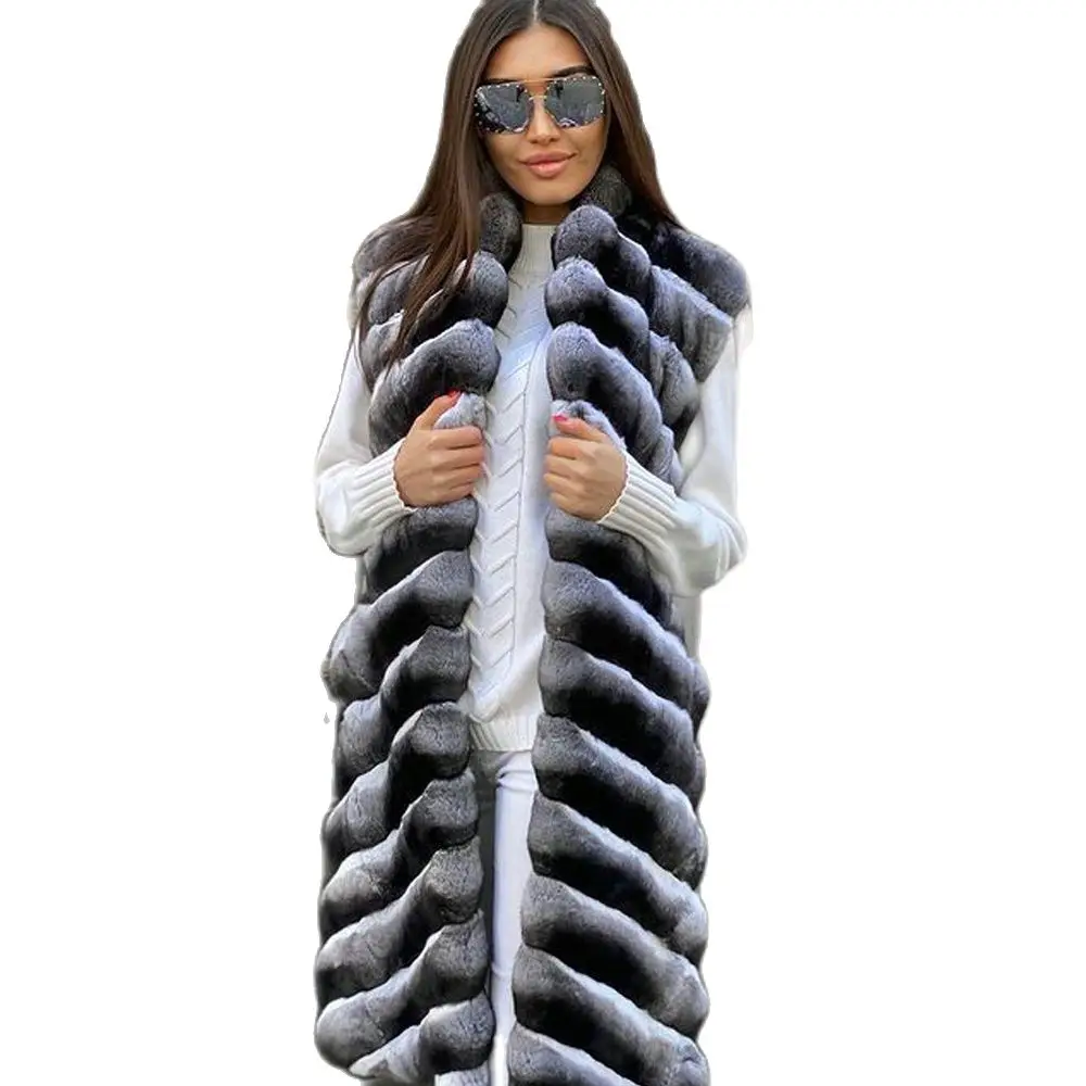 2021 Winter Long Rex Rabbit Fur Vest Natural Women Thick Warm Fur Overcoat Luxury Genuine Rex Rabbit Fur Gilets Turn-down Collar