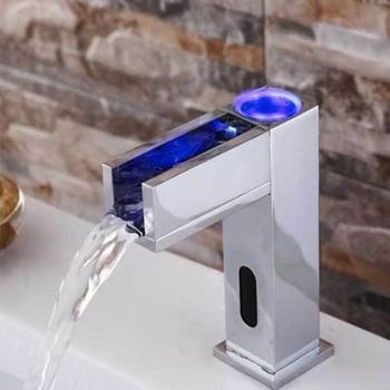 

Automatic Sensor Touchless Kitchen Faucet 3-Color LED Temperature Sensitive Bathroom Sink Faucet Waterfall Spout Brass Water Tap