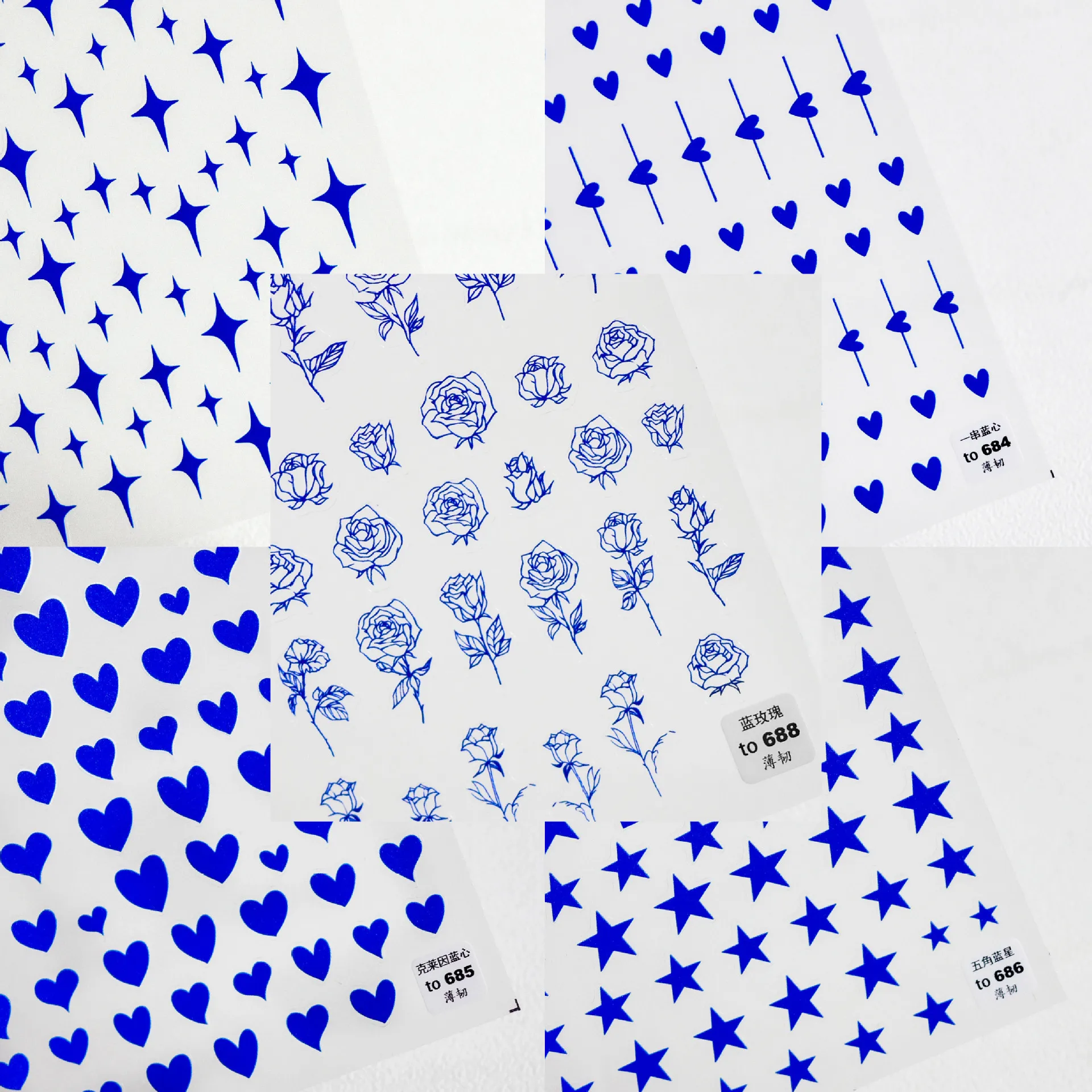 

New thin tough hot adhesive cute nail stickers Japanese 5d nail stickers Klein love five-pointed star blue rose