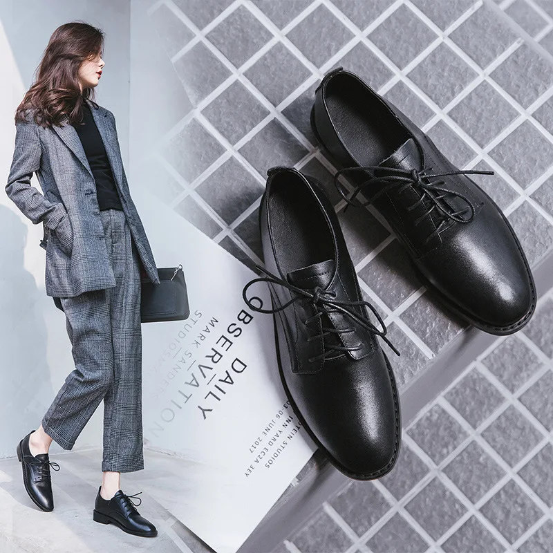 

2019 Spring New Style England College Style Black And White with Pattern Low Heel Lace-up Versatile Leather Shoes Summer Small L