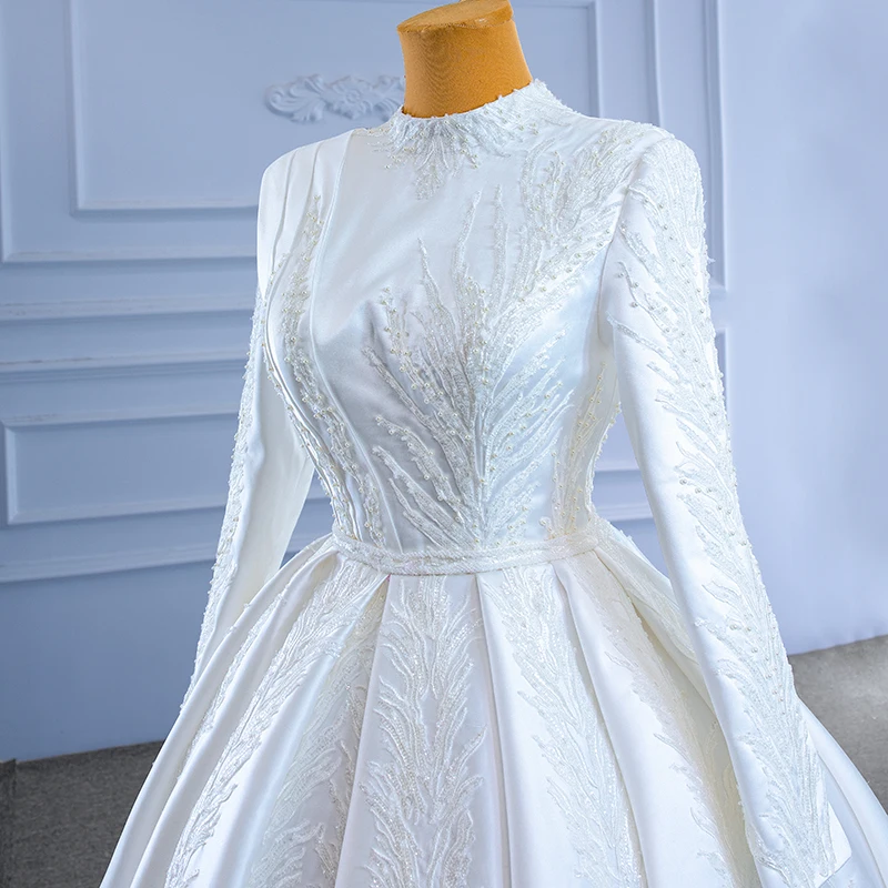 RSM67420 Shiny Glitters Wedding Gown With Pearls Belt Satin Wedding Dresses Long Sleeve 2022 Vestidos Cetim Branco Frete Gratis 4