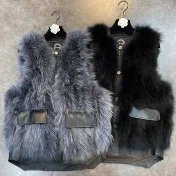 

ZCSMLL Vest Women 2020 Autumn and Winter Round Neck Sleeveless Stitching PU Pocket Small Woman Man-made Fox Fur Vests Tide