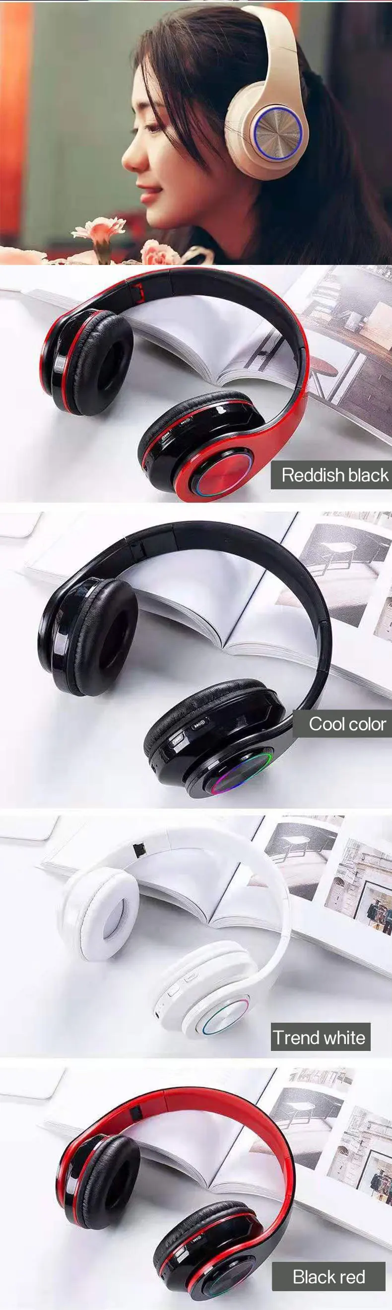 Caridite Hot Sale B3 Bluetooth Headphone Mobile Phone Wireless LED Light Headband Foldable Headset Handsfree Headphone with Mic