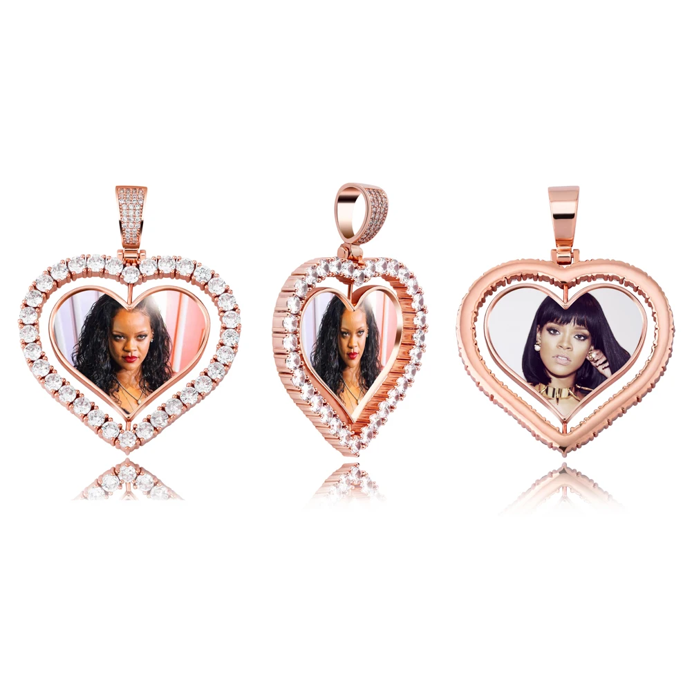 TOPGRILLZ Heart Shaped Custom Photo Spin Double Sided Medallion Pendant Necklace With 4mm Tennis Chain Zircon Hip Hop Jewelry