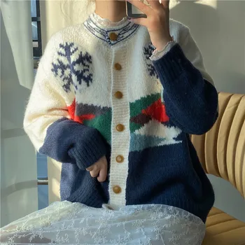 

Retro Snowflake Jacquard Sweater Jacket Women's Knitted Cardigan Loose Autumn And Winter Lazy Wind Cute All-Match Japanese Korea
