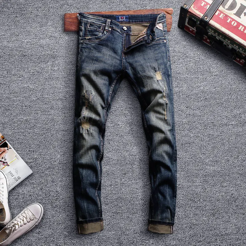 

Fashion Streetwear Men Jeans Retro Wash Ripped Jeans Men Denim Pants High Quality Italian Style Patchwork Vintage Designer Jeans