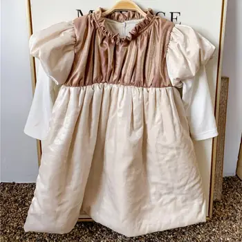 

baby girl autumn winter vintage lantern sleeve princess dress for kids hit color stitcing dress