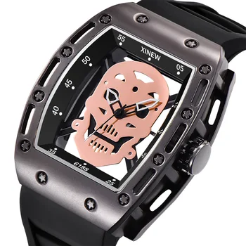 

Men Fashion Quartz Rose Gold Silver Black Skeleton Skull Silicone Strap Rectangle Transparent Watch Quartz Clock B3622