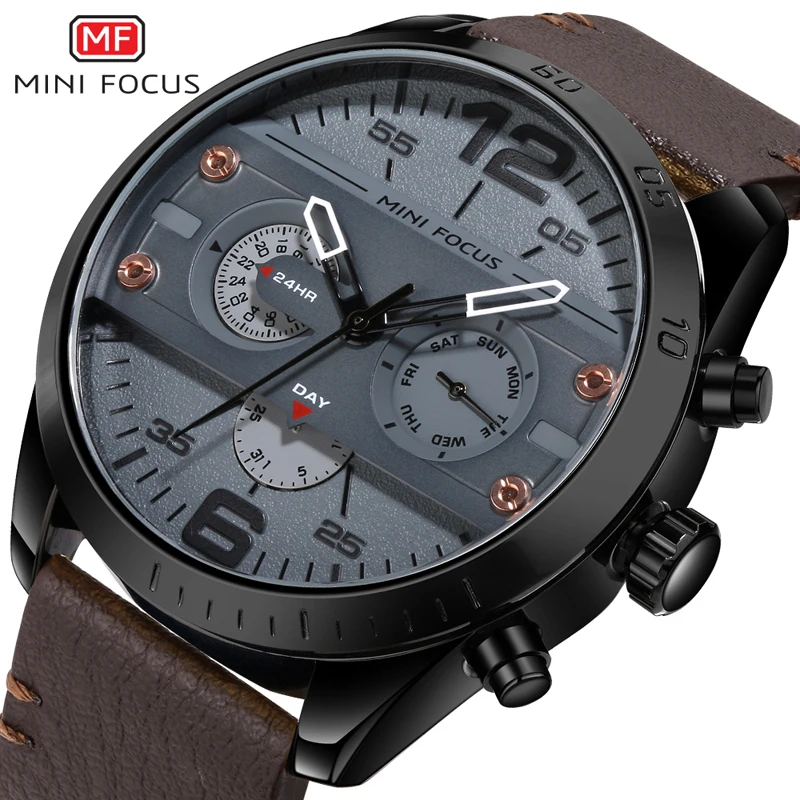 

MINI FOCUS Luxury Brand New Leather Strap Quartz Chronograph Waterproof Sport Time Mens Casual Big Wristwatch Male Clock Black