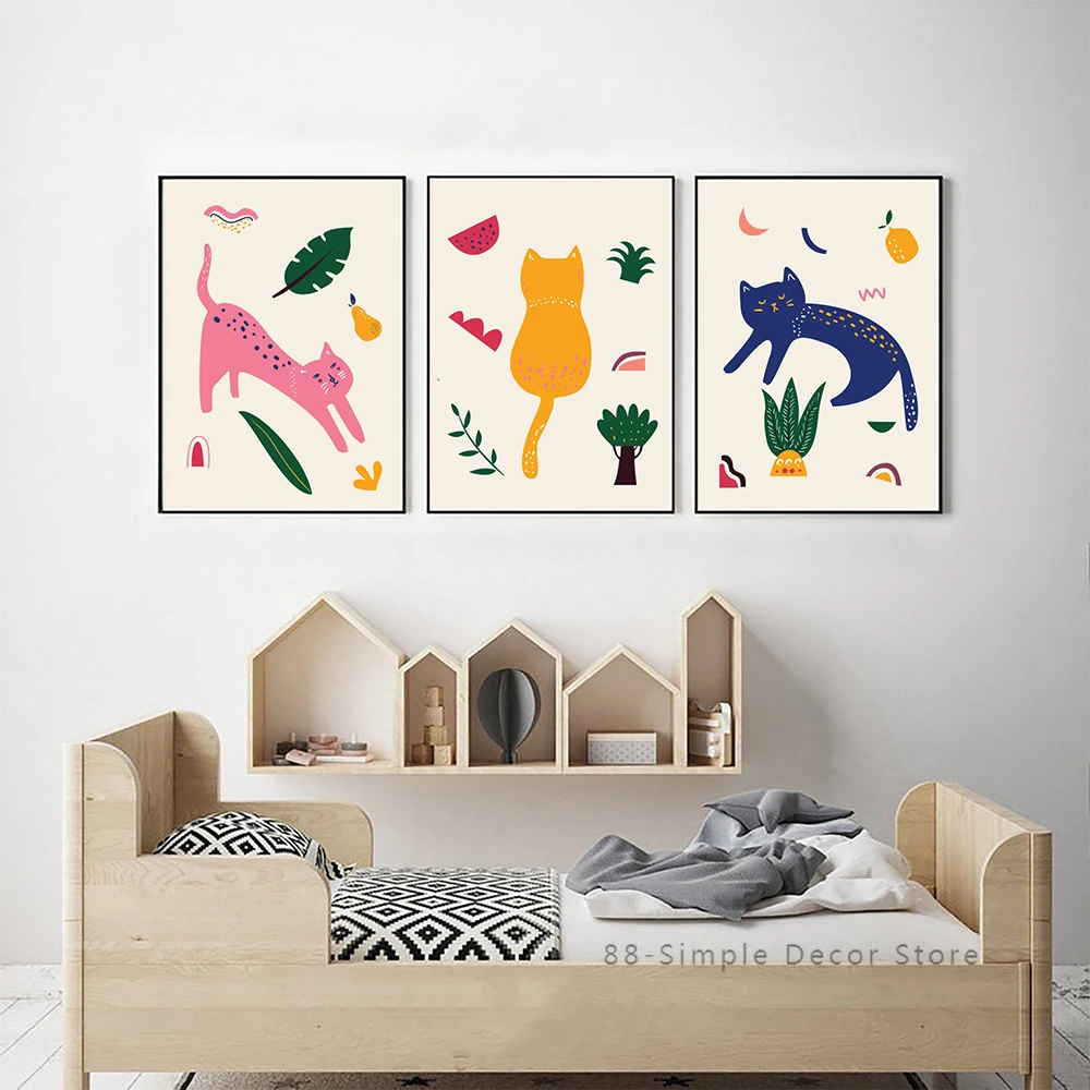 

Kid's Modern Poster Nursery Canvas Painting Abstract Animals Art Print Colorful Cat Wall Picture For Room Decoration Pictures