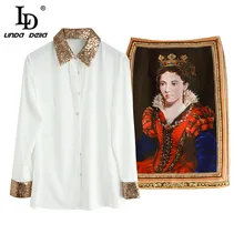 LD LINDA DELLA Spring Summer Fashion Suit Women's Long Sleeve Gold Sequined Shirt and character Print Skirts 2 Two Pieces Set