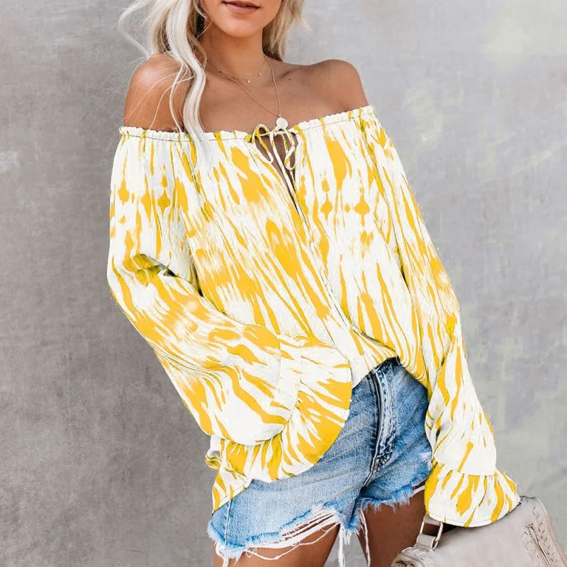 

Poleras Mujer De Moda 2019 Slash Neck Casual Loose Women T-Shirt Long Sleeve Print Off Shoulder Pullover Tee Shirt Femme