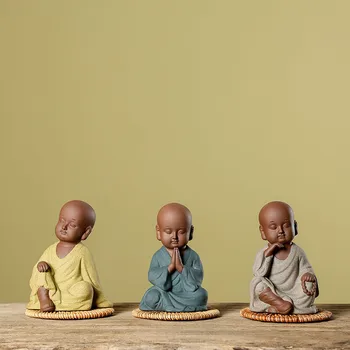 

Purple Clay Meditation Little Monk Statue，Ceramic modern art sculpture，High-end home decoration figure little monk statue