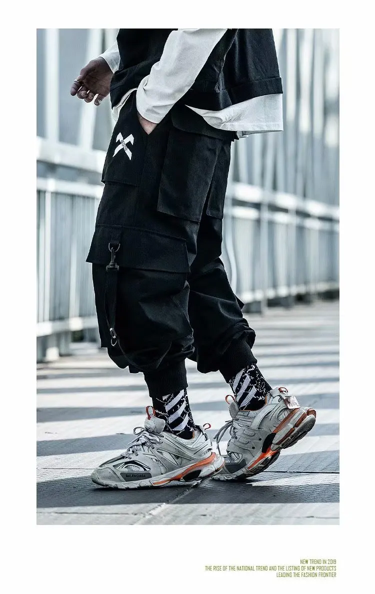 Techwear Ribbons Hip Hop Tactical Cargo Pants Men's Casual Letter Embroidery Streetwear Dance Sport Pencil Pants Male Trousers big and tall casual pants