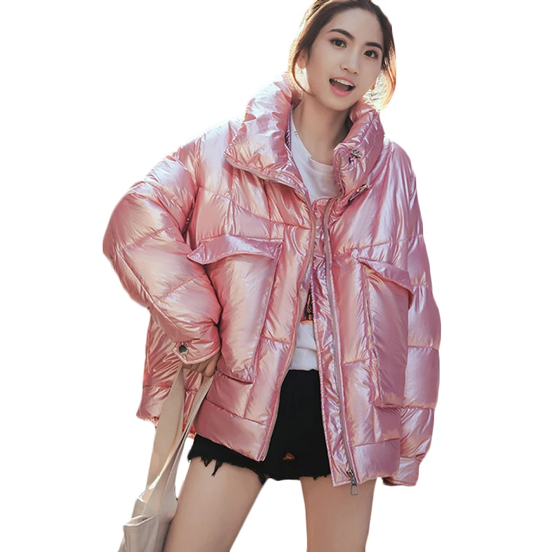 

Glossy Winter Warm Down Cotton Jacket Women Thick Bright Short Shiny Cotton Jackets Womens Korean Loose cloak Cotton Parkas F911
