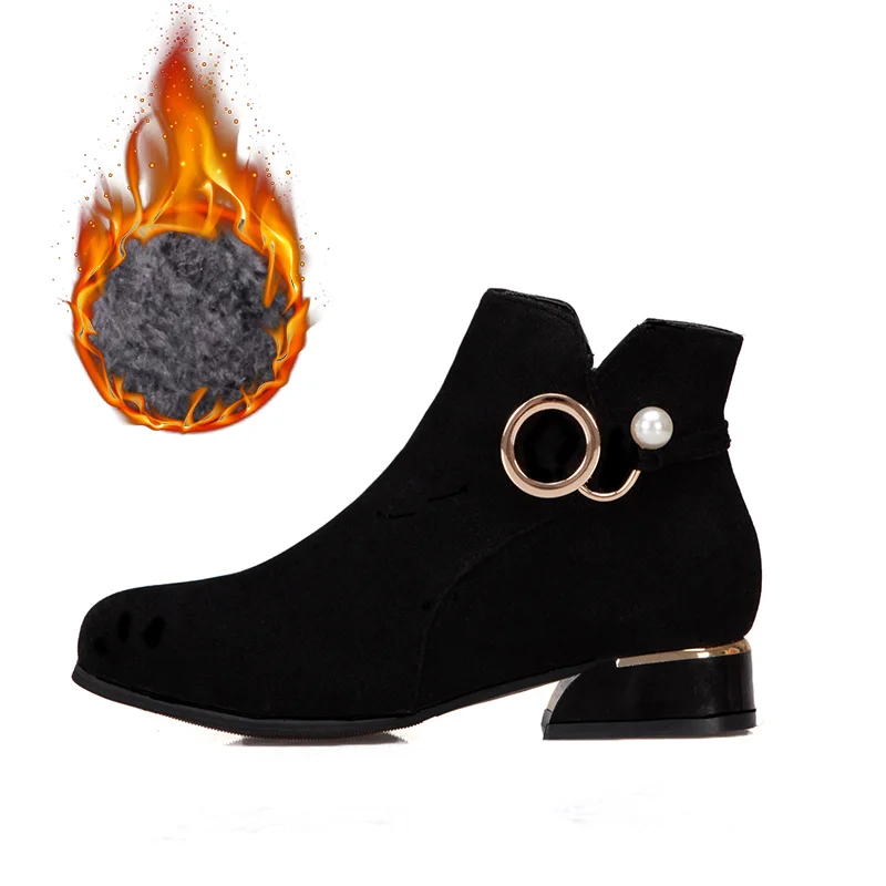 Женские ботильоны; повседневные ботинки из флока на молнии с жемчугом; классические ботинки на толстом среднем каблуке; модная плюшевая теплая зимняя обувь на меху; женская обувь - Цвет: black cotton lining