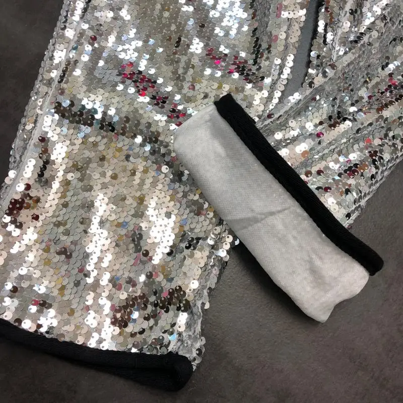 Осень Новинка Blingbling серебряные блестки эластичная талия прямые брюки женские повседневные брюки