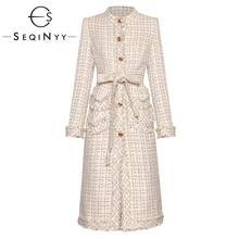 SEQINYY твидовое пальто осень зима модный дизайн женский длинный рукав в клетку золотые пуговицы Кристалл Высокое качество Длинный топ