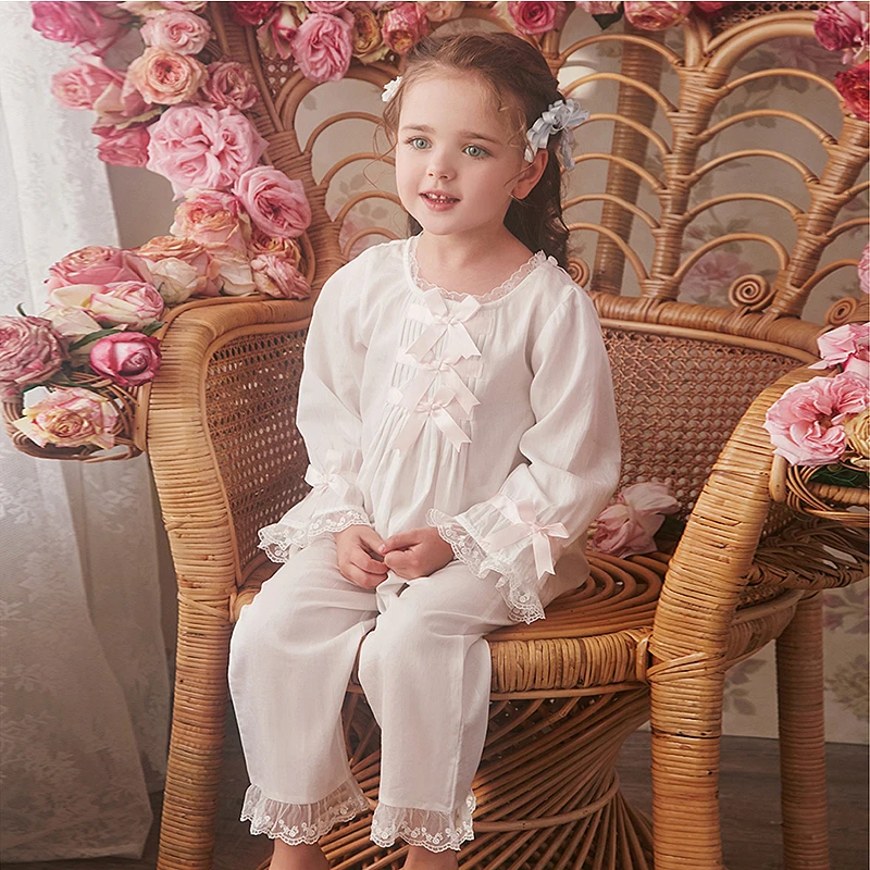 cotton pajama sets Children Girl's Lolita White Princess Pajama Sets.Royal Style Tops+Pants.Vintage Toddler Kid's Bow Pyjamas set.Sleep Loungewear cheap plus size pajama sets