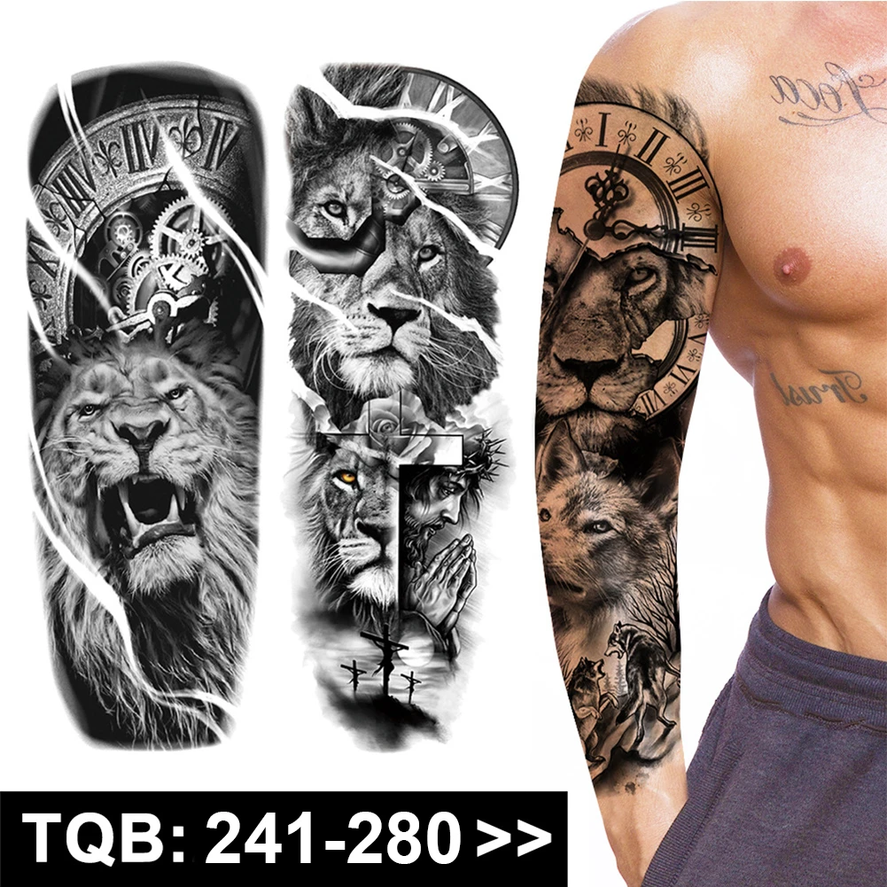 Large Arm Sleeve Tattoo Rose Gear Clock Eye Waterproof Temporary Tatto Sticker Lion Wolf King Body Art Full Fake Tatoo Women Men Temporary Tattoos Aliexpress