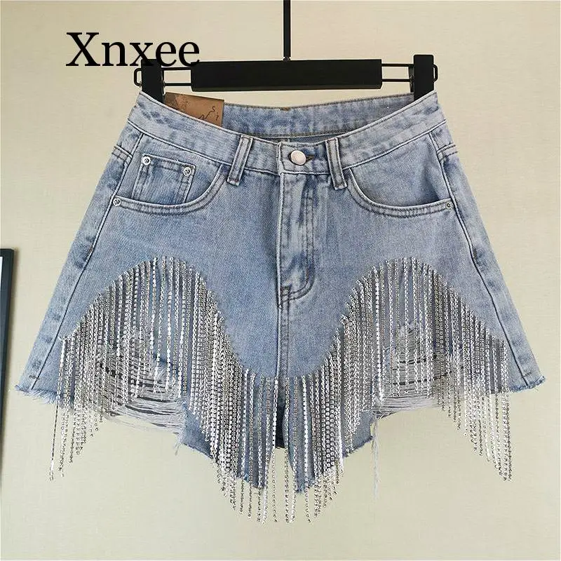 

Beach Summer New Denim Shorts Korean Wide-legged Pants Crystal Chain Tassel Hole High Waist Short Jeans Women's Tide Pants,