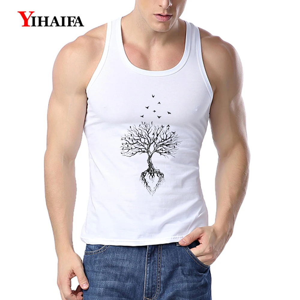 

YIHAIFA Mens Workout Shirts Gym Clothing Simple Tree Printed Singlet Bodybuilding Men Tank Top Fitness Vest Shirt