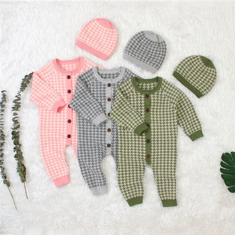 Комплект из 2 предметов, Осенний вязаный, для новорожденных Одежда для детей хлопок на осень и зиму; детский комбинезончик с клетчатая шляпа детский комбинезон для малышей; комплекты для мальчиков