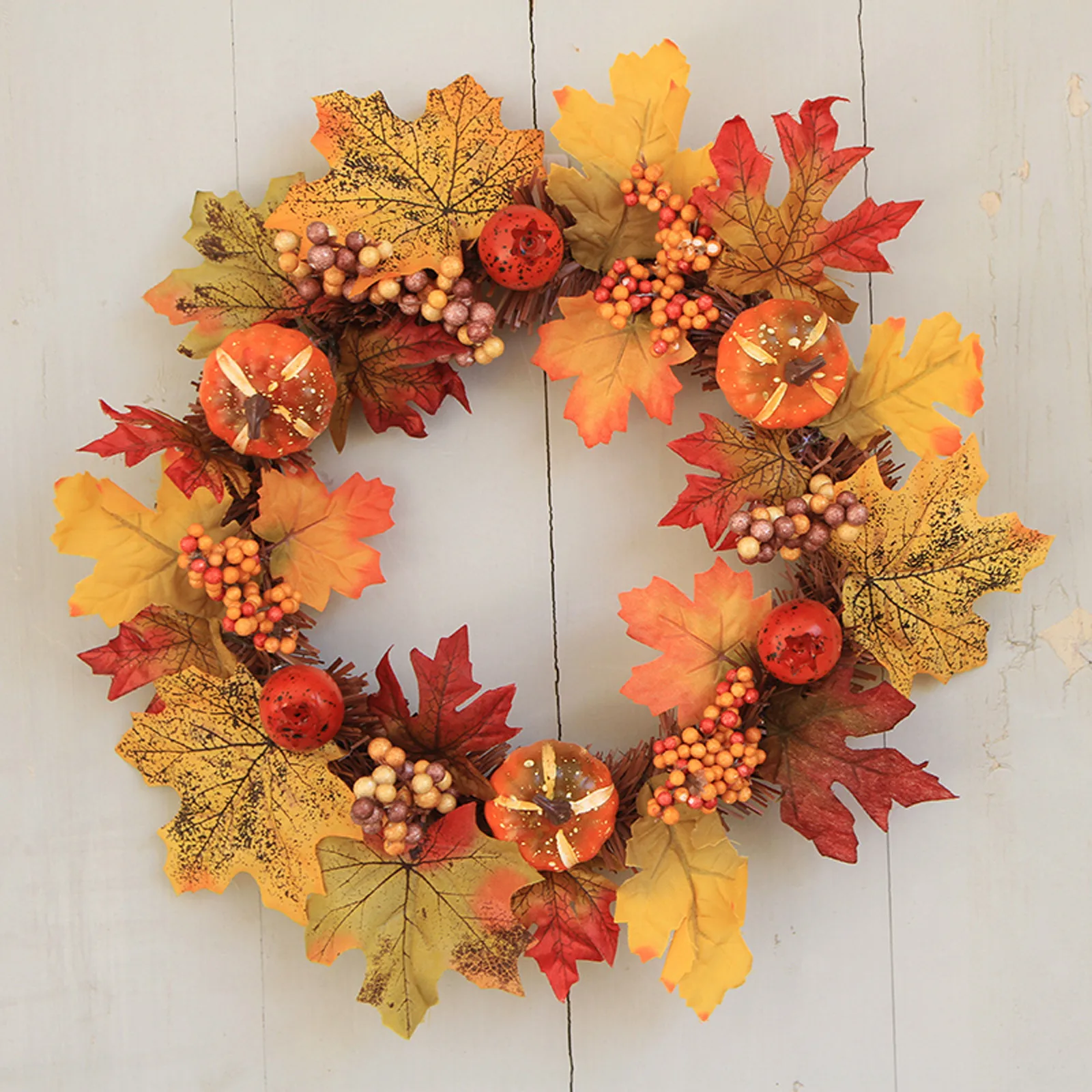 30CM Halloween Pumpkin Wreath Autumn Fall Color Maple Leaf Garland Door Decor 