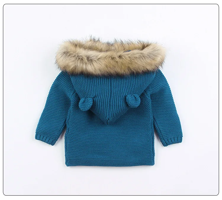 Колготки для маленьких детей, от 0 до 24 месяцев, осень-зима теплый свитер, куртка для малышей милый меховой воротник с рисунками из мультфильмов, с капюшонами, Вязание детские пальто теплая одежда