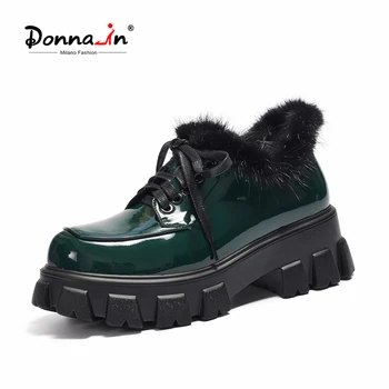 

Donna-in Chunky Platform Flat Women Shoe Natural Mink Hair Winter Patent leather Lace Up Leisure Casual Ladies Shoes Green Black