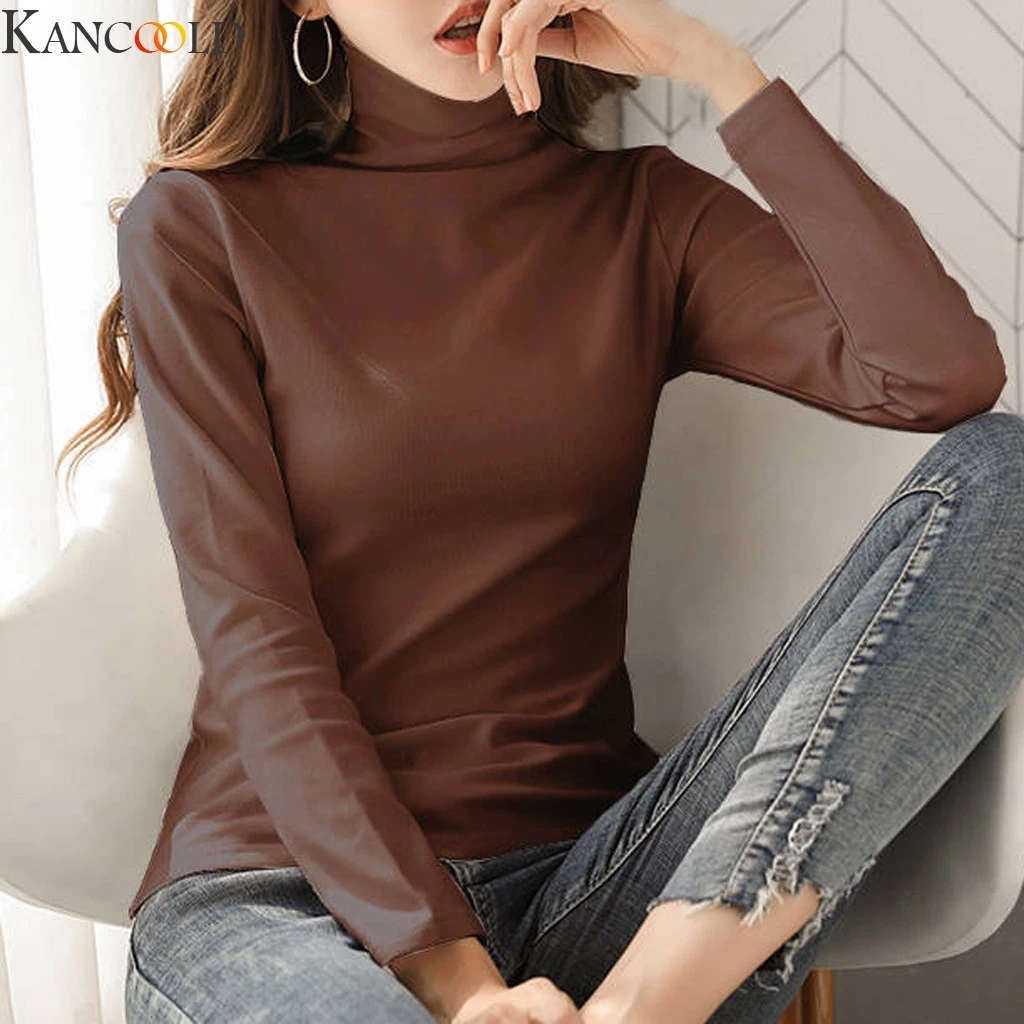 KANCOOLD,, женские футболки с высоким воротом, длинный рукав, высокий ворот, черный Каки, однотонный цвет, теплый топ, молочный шелк, Базовая рубашка, модная